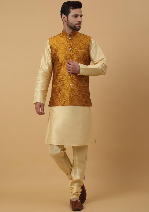 Beige Solid Silk Kurta Set For Men