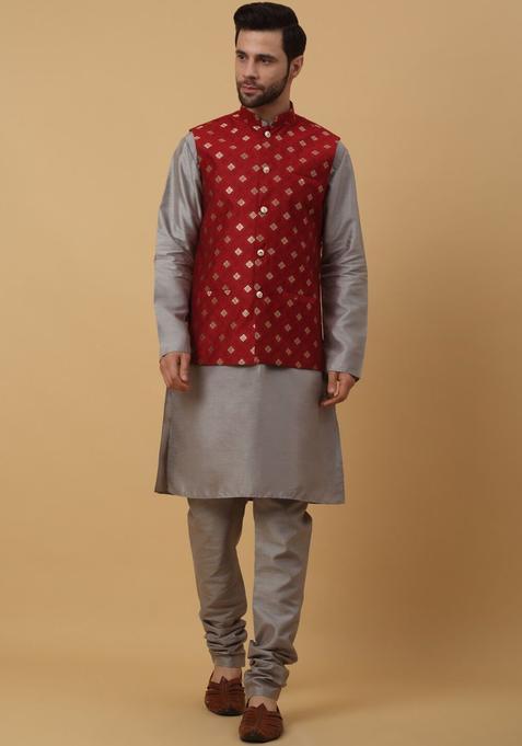 Grey Solid Silk Kurta Set For Men