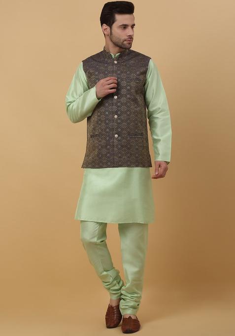 Green Solid Silk Kurta Set For Men