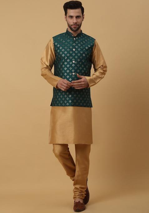Gold Solid Silk Kurta Set For Men
