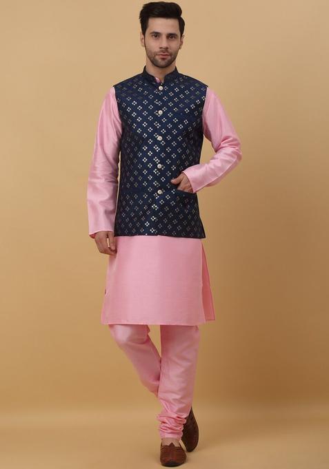 Pink Solid Silk Kurta Set For Men