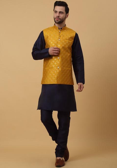 Blue Solid Silk Kurta Set For Men