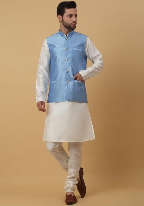 Beige Solid Silk Kurta Set For Men