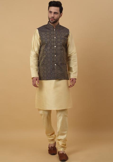 Beige Solid Silk Kurta Set For Men
