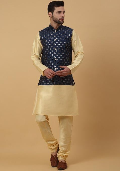 Beige Solid Silk Kurta Set For Men