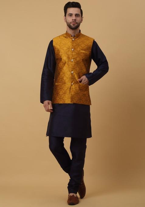 Blue Solid Silk Kurta Set For Men