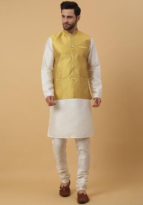 Beige Solid Silk Kurta Set For Men