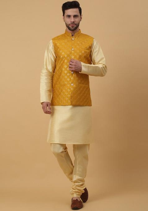 Beige Solid Silk Kurta Set For Men