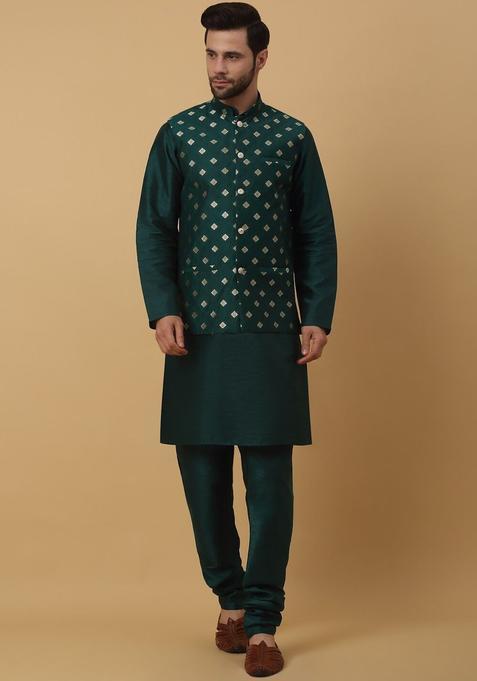 Green Solid Silk Kurta Set For Men
