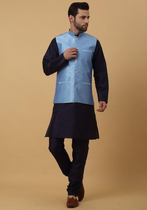 Blue Solid Silk Kurta Set For Men