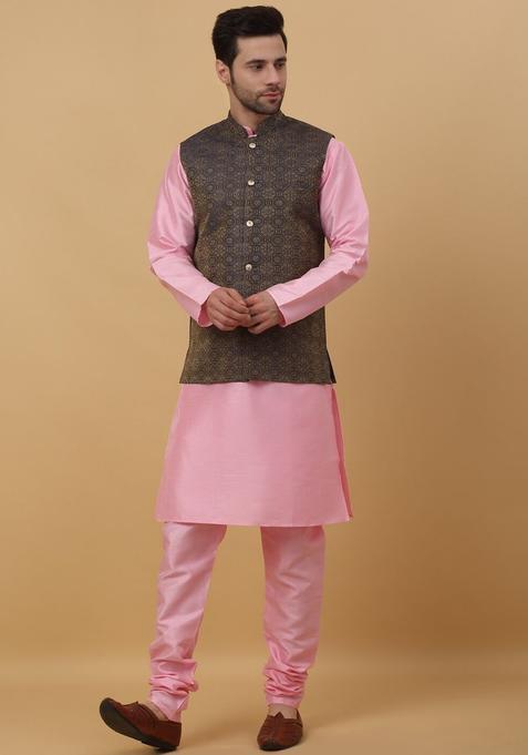 Pink Solid Silk Kurta Set For Men