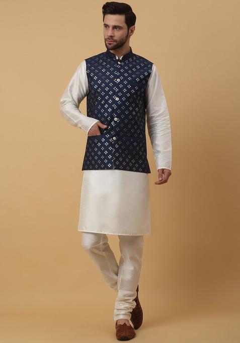 Beige Solid Silk Kurta Set For Men