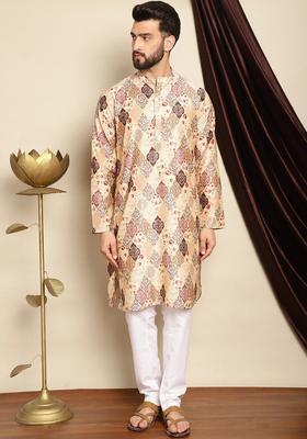 Beige Printed Silk Kurta Set For Men