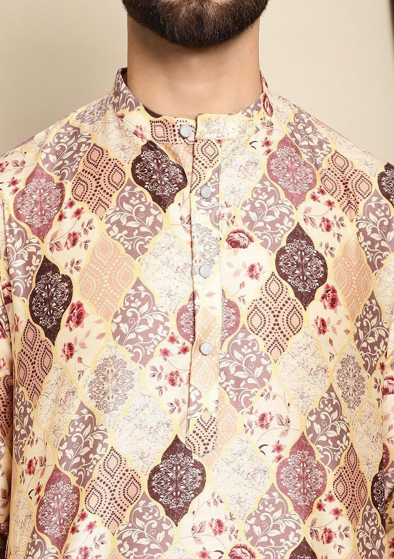 Beige Printed Silk Kurta Set For Men - Indya