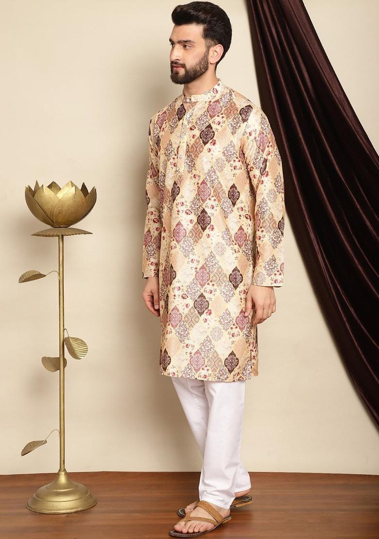 Beige Printed Silk Kurta Set For Men - Indya