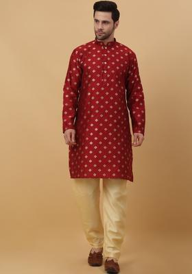 Red Woven Design Silk Kurta Set For Men
