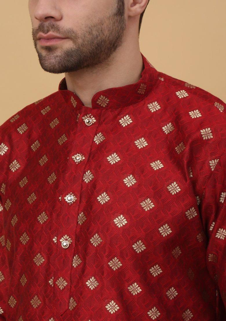 Red Woven Design Silk Kurta Set For Men - Indya