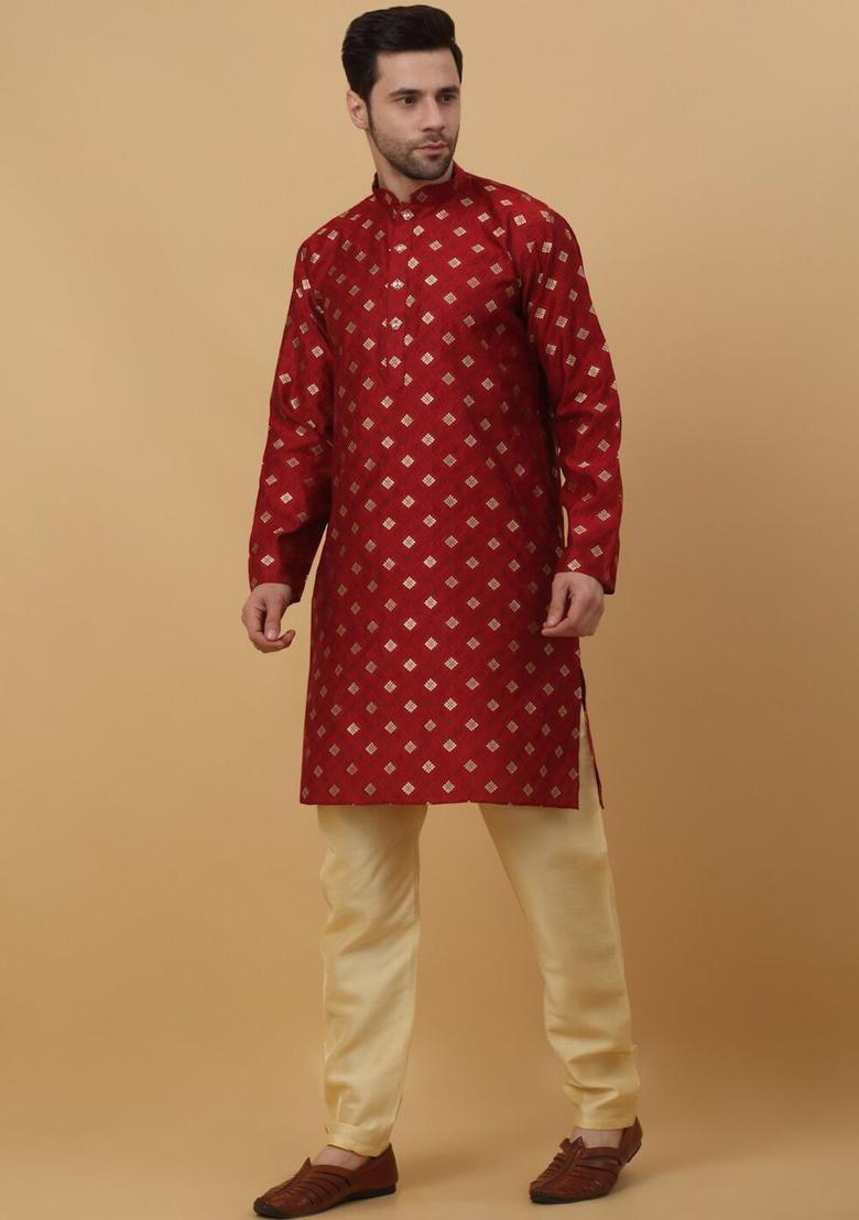 Red Woven Design Silk Kurta Set For Men - Indya