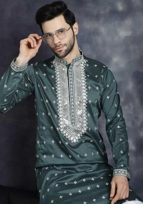 Olive Embroidered Cotton Kurta Set For Men