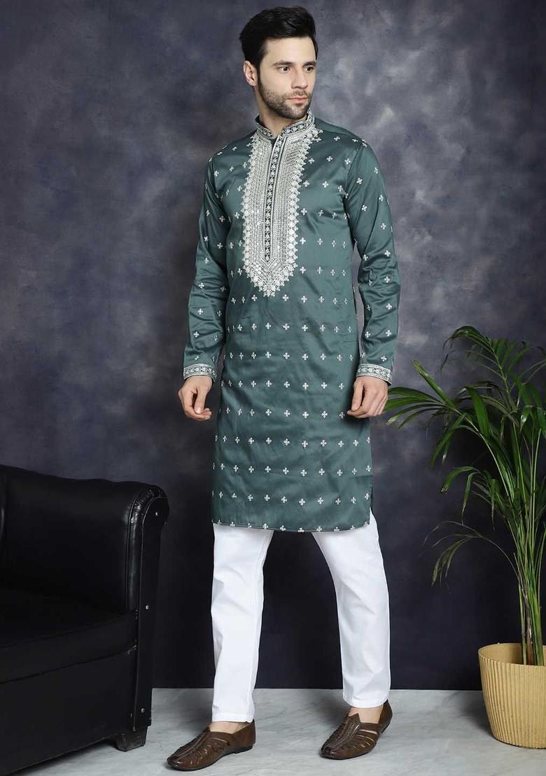 Olive Embroidered Cotton Kurta Set For Men - Indya