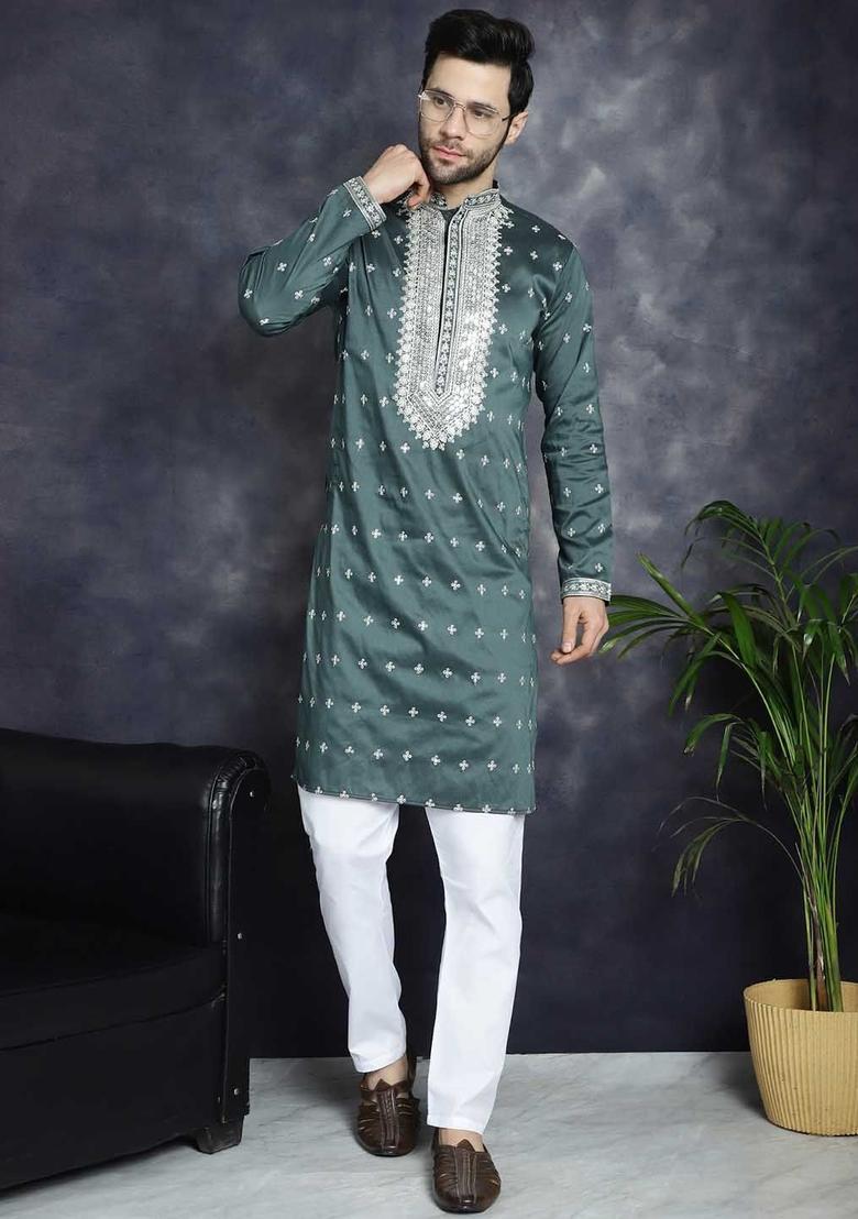 Olive Embroidered Cotton Kurta Set For Men - Indya
