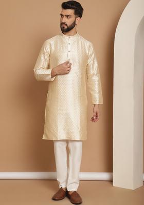 Beige Woven Design Silk Blend Kurta Set For Men