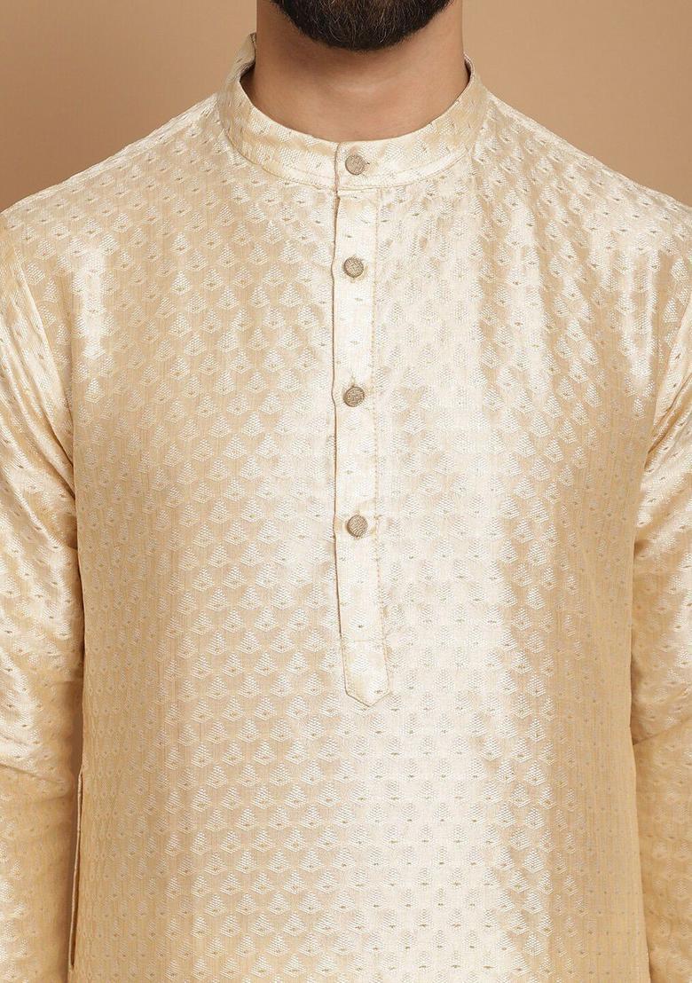 Beige Woven Design Silk Kurta Set For Men - Indya