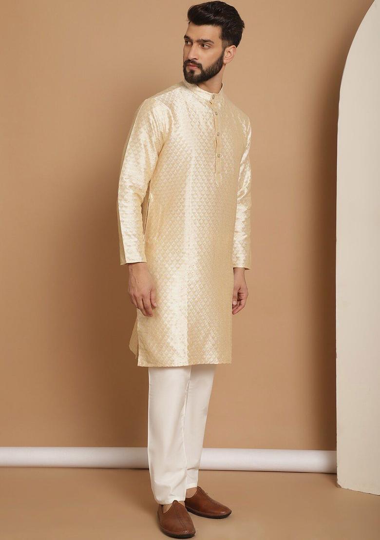 Beige Woven Design Silk Kurta Set For Men - Indya