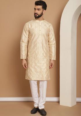 Beige Embroidered Silk Kurta Set For Men