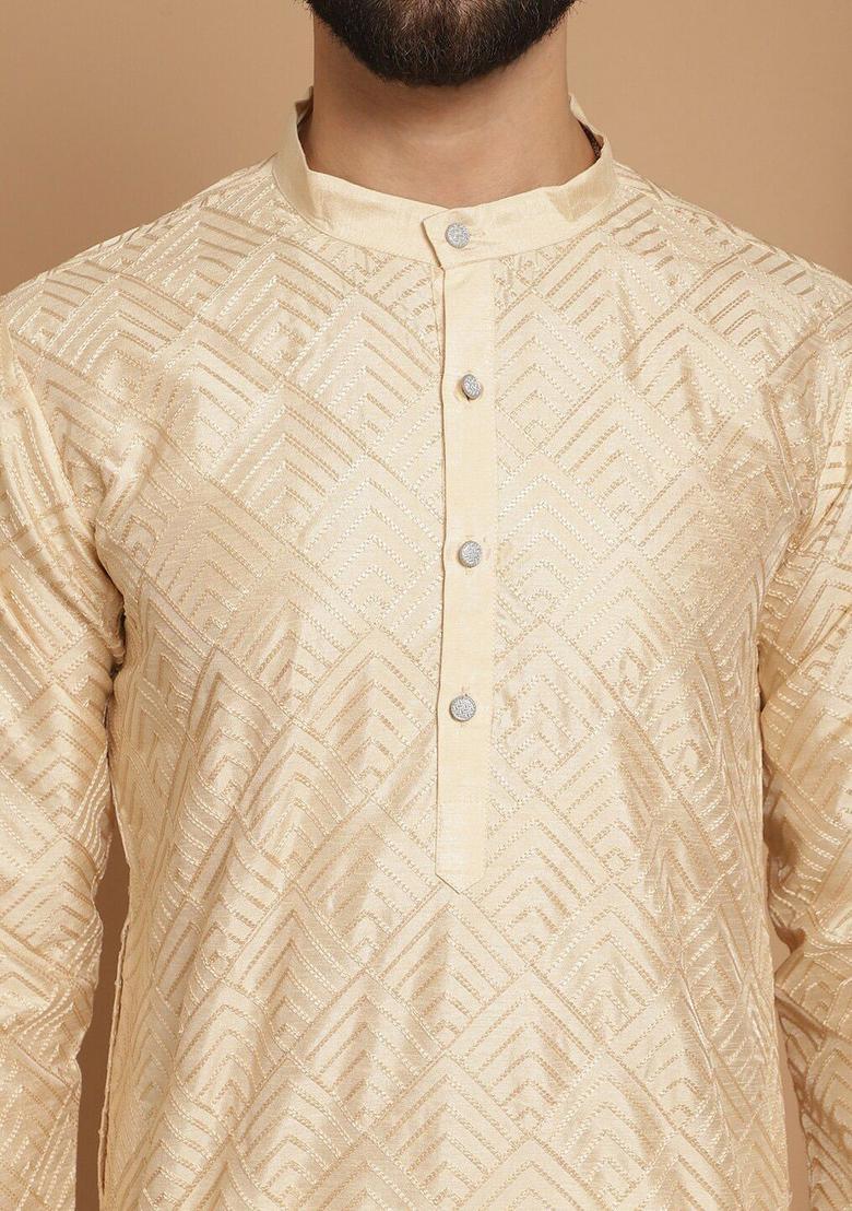 Beige Embroidered Silk Kurta Set For Men - Indya