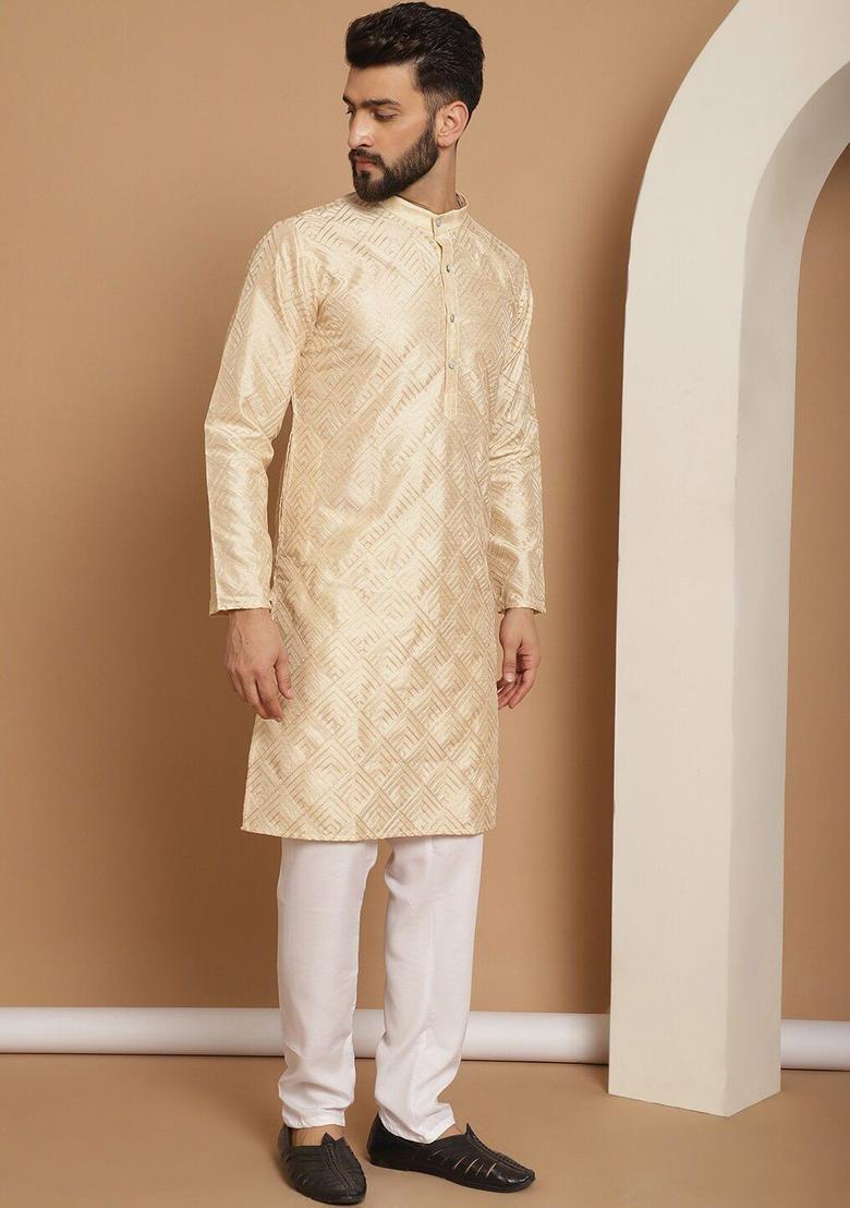 Beige Embroidered Silk Kurta Set For Men - Indya