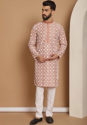Peach Embroidered Silk Kurta Set For Men