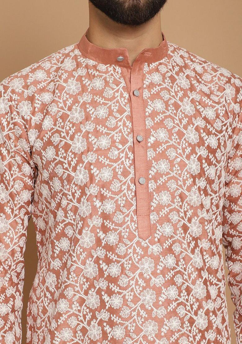 Peach Embroidered Silk Kurta Set For Men - Indya