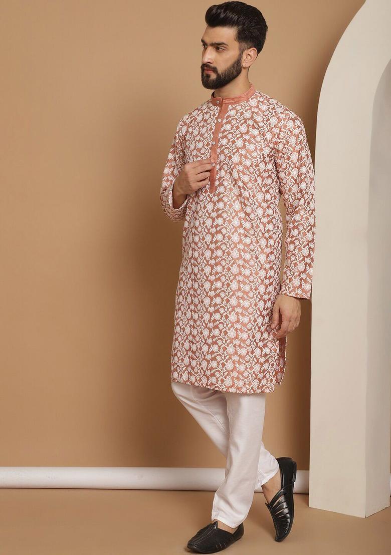 Peach Embroidered Silk Kurta Set For Men - Indya