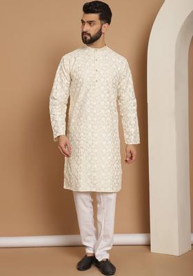 Beige Embroidered Silk Kurta Set For Men
