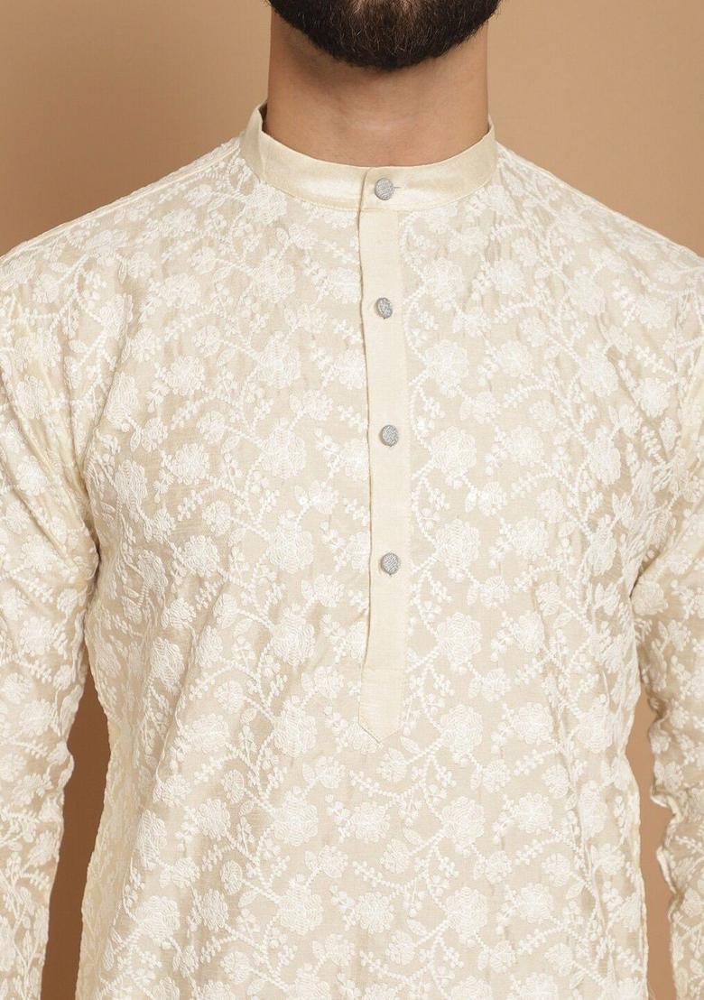Beige Embroidered Silk Kurta Set For Men - Indya