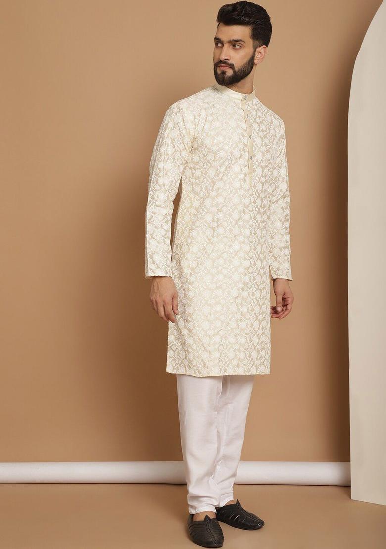 Beige Embroidered Silk Kurta Set For Men - Indya