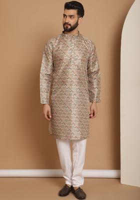 Beige Printed Silk Kurta Set For Men