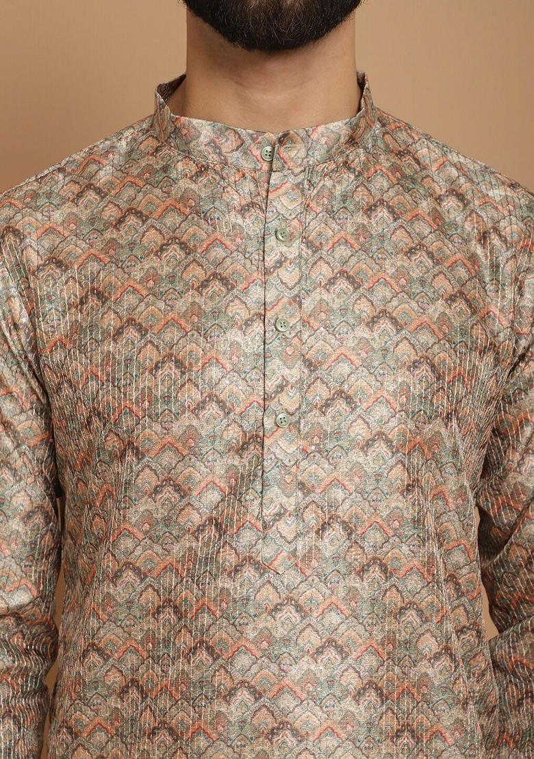 Beige Printed Silk Kurta Set For Men - Indya