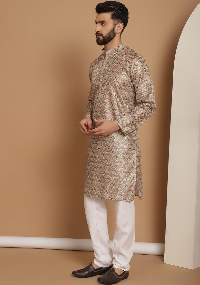 Beige Printed Silk Kurta Set For Men - Indya