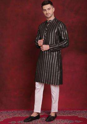 Black Striped Cotton Kurta Set For Men