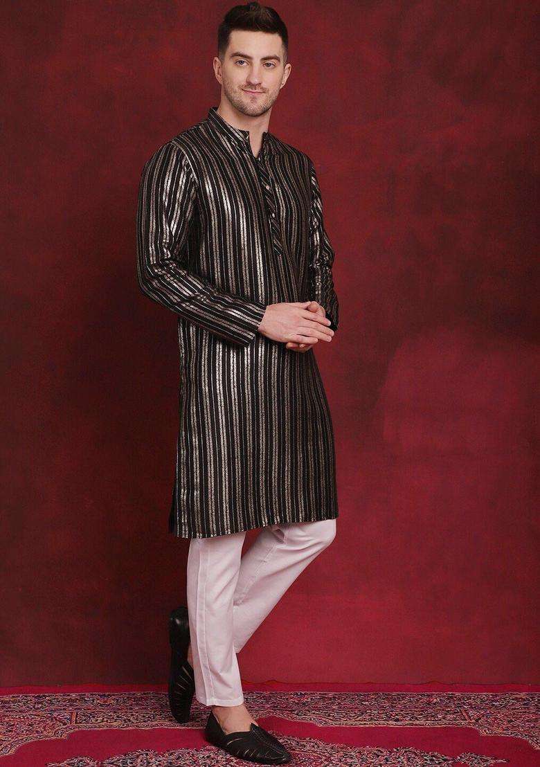 Black Striped Cotton Kurta Set For Men - Indya