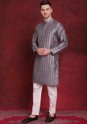 Grey Striped Cotton Kurta Set For Men