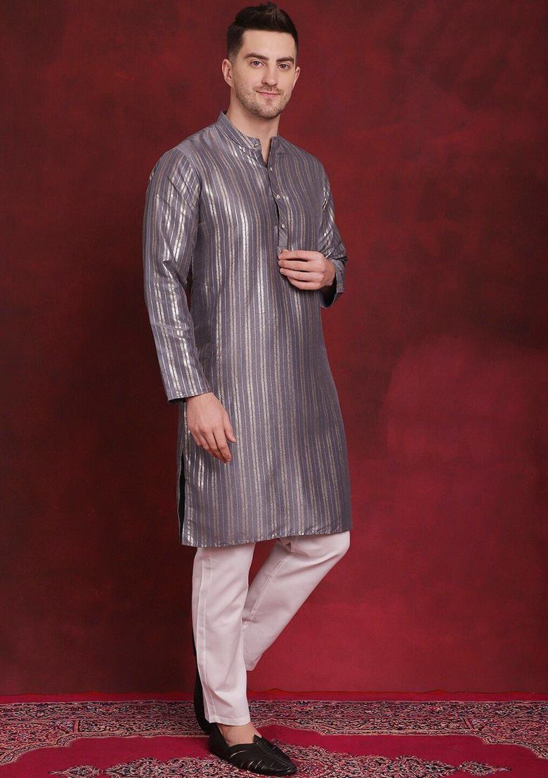 Grey Striped Cotton Kurta Set For Men - Indya