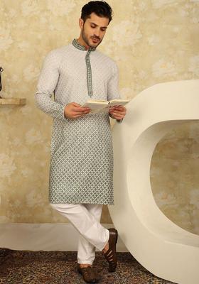 White Embroidered Viscose Kurta Set For Men