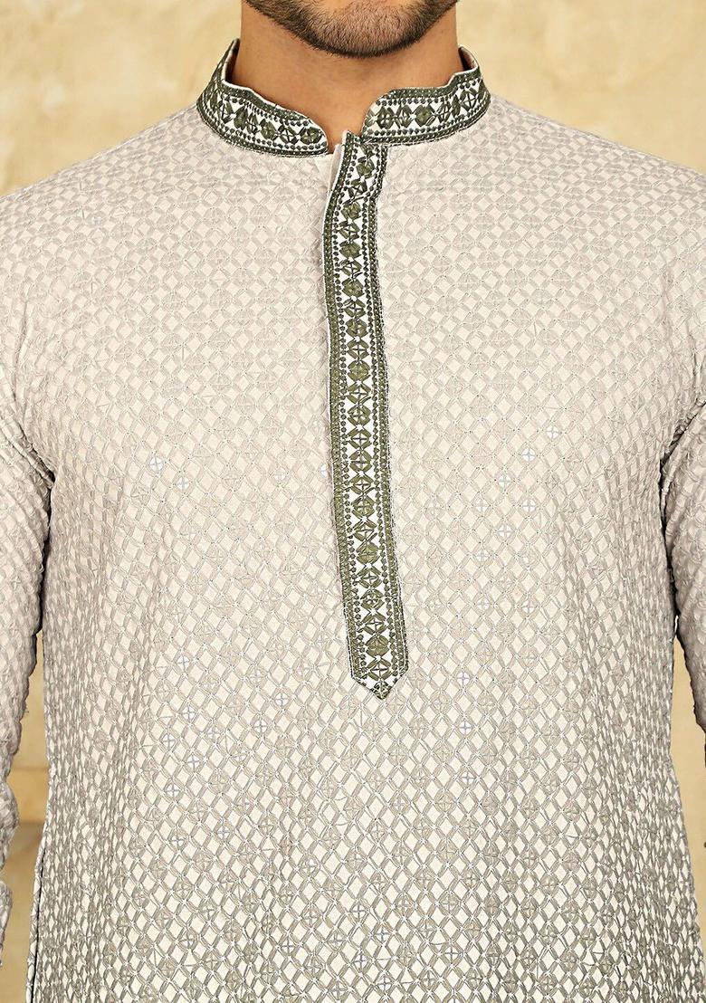 White Embroidered Viscose Kurta Set For Men - Indya