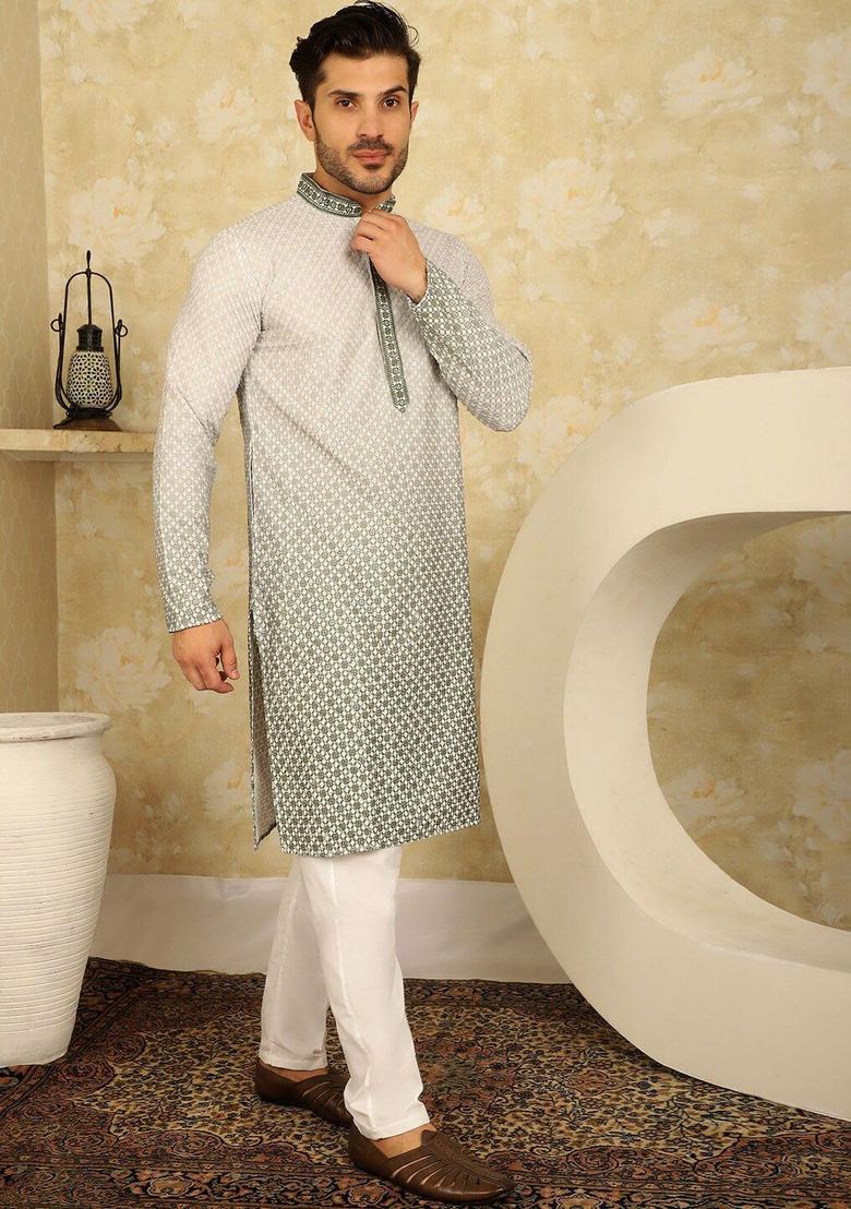 White Embroidered Viscose Kurta Set For Men - Indya