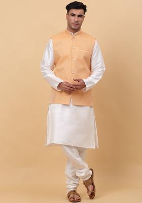 Beige Striped Silk Kurta Set For Men