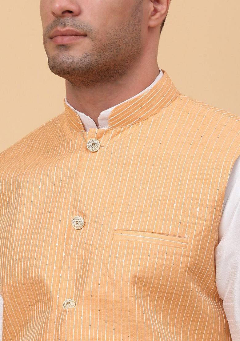 Beige Striped Silk Kurta Set For Men - Indya