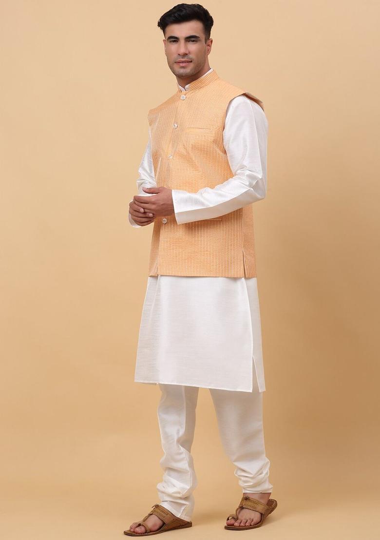 Beige Striped Silk Kurta Set For Men - Indya